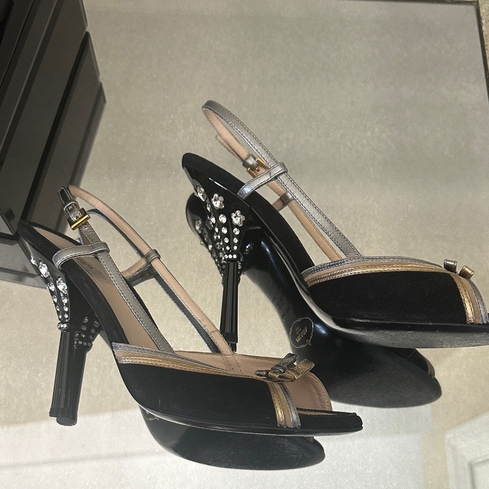 Prada Black and Gold Strappy Heels - Picture 2 of 8